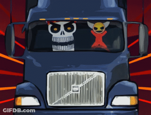 Volvo Truck With Skull And Man In Driver Seat GIF