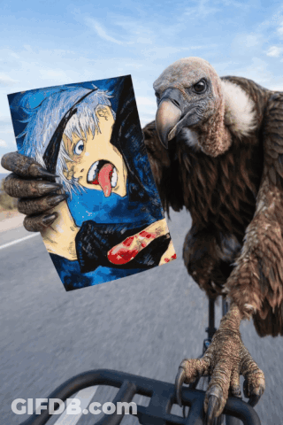 Vulture Holding Picture Of Man With Bloody Face GIF