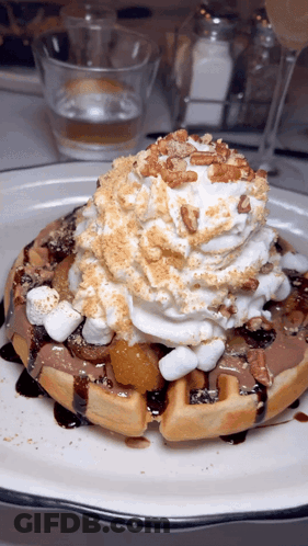 Waffle With Whipped Cream And Pecans GIF