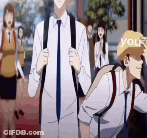 Walking Group With Yellow Hat Saying You GIF
