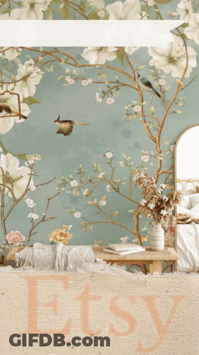 Wall With Flowers And Birds And Etsy GIF