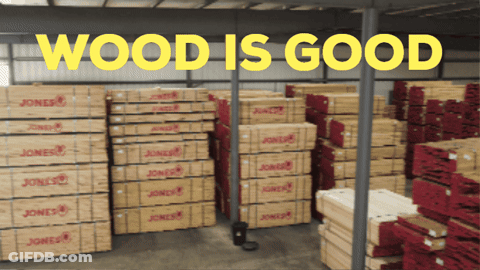Warehouse With Boxes Saying Wood Is Good GIF