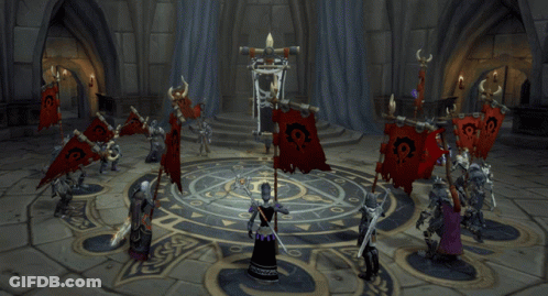 Warriors Standing In Circle Holding Skull Flags GIF