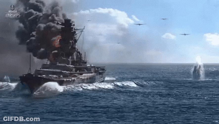 Warship Bombarded By Aircrafts GIF