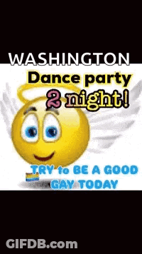 Washington Dance Party Advertised With Smiley Face With Wings GIF