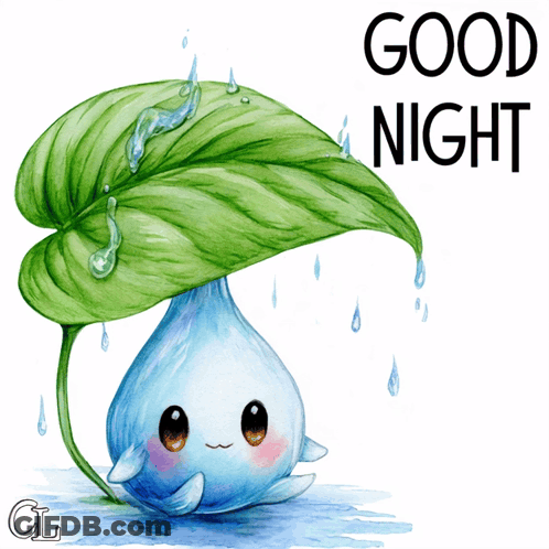 Water Drop Under Green Leaf Saying Good Night GIF