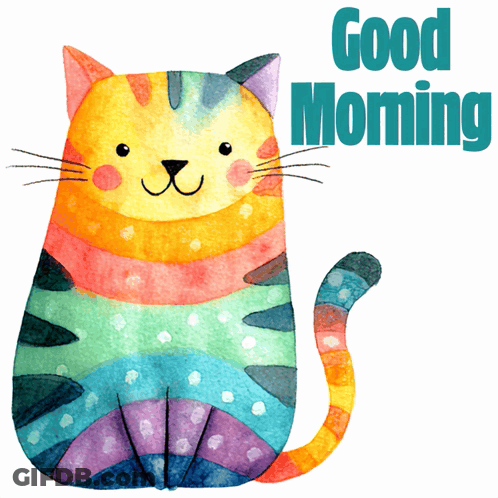 Watercolor Colorful Cat Saying Good Morning GIF