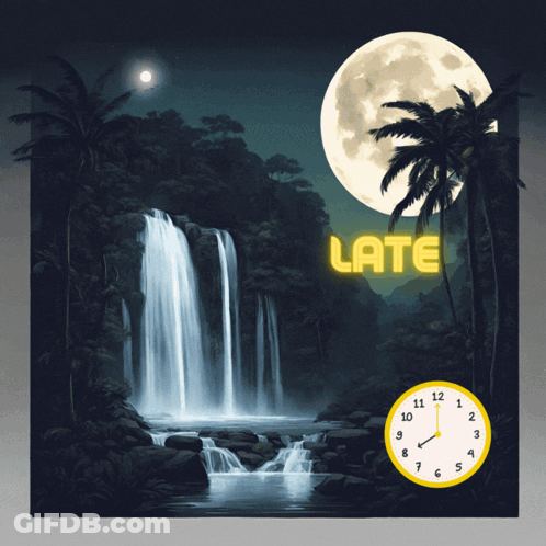 Waterfall At Night With Full Moon And Late GIF