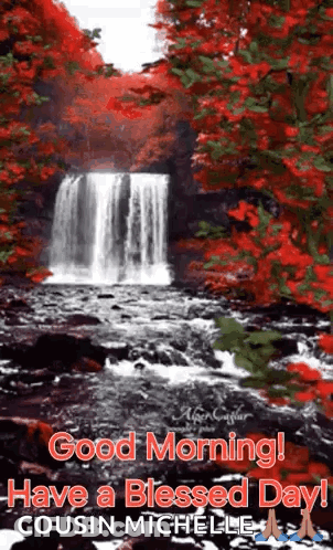 Waterfall In Forest With Red Leaves GIF