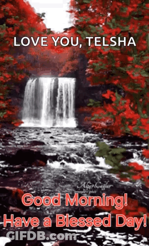 Waterfall In Forest With Red Leaves GIF