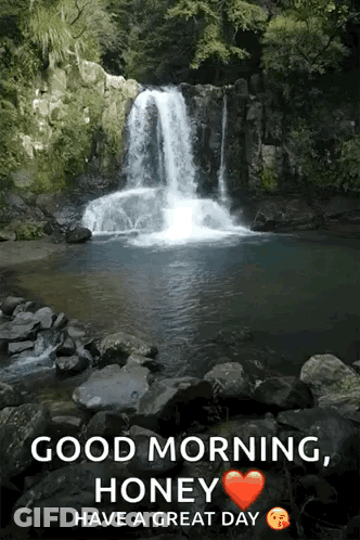 Waterfall Surrounded By Rocks And Trees Saying Good Morning GIF