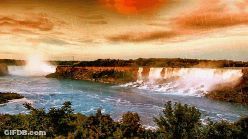 Waterfall Surrounded By Trees And Clouds GIF