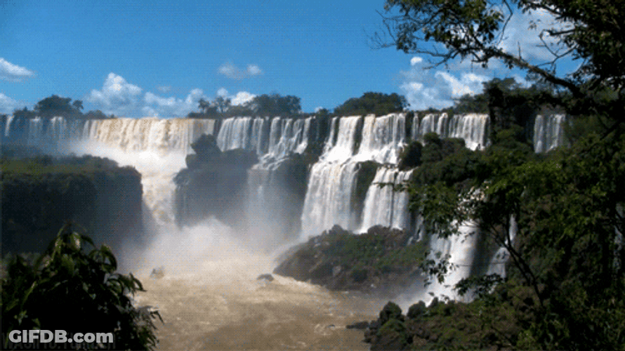 Waterfall Trees Green Nature Blue Skies GIF