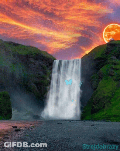 Waterfall With Full Moon And Strejdobrozy GIF