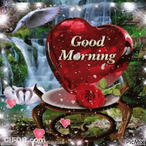 Waterfall With Heart And Rose Good Morning GIF