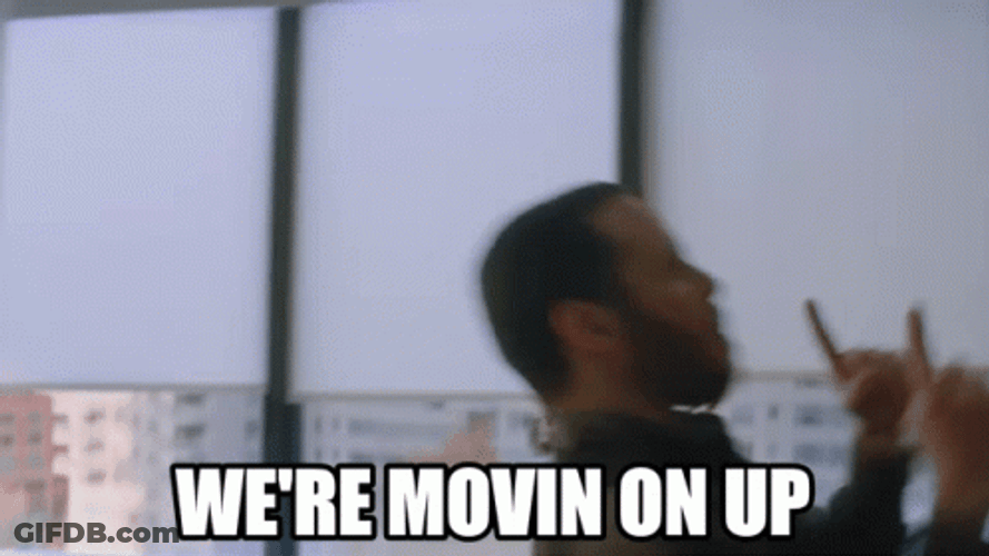 We're Moving On Up Andrew Garfield Jumping Sideways GIF