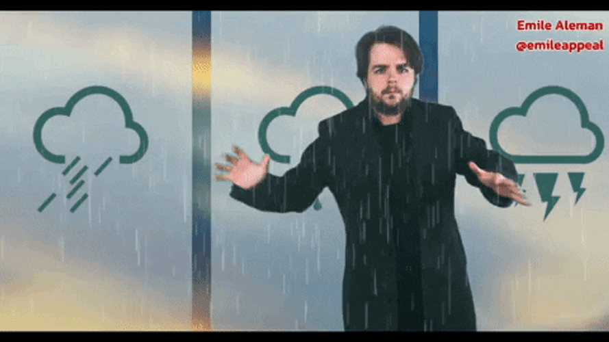 Weatherman Covering Head Raining Inside Studio GIF
