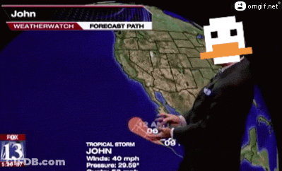 Weatherman With Duck On Head Forecasting Tropical Storm John GIF