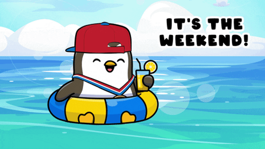 Weekend Vibes Pudgy Penguin Floating In Sea GIF