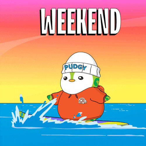 Weekend Vibes Pudgy Penguin Surfing GIF