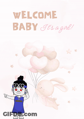 Welcome Baby It's A Girl Greeting Card With Balloons GIF