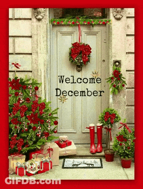 Welcome December Christmas Decorated Door GIF