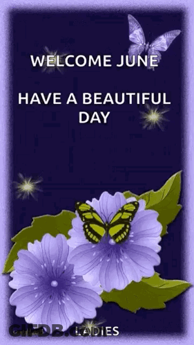 Welcome June Ladies Purple Flowers Butterflies GIF