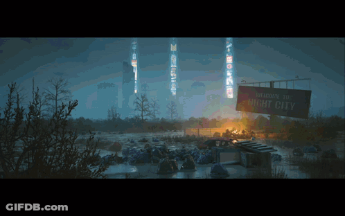 Welcome To Night City Sign Over Swamp GIF