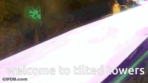 Welcome To Tilted Towers Is Written On A Green And Pink Background GIF