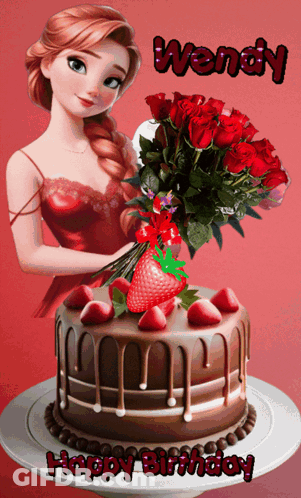 Wendy Holding Bouquet Of Roses Next To Cake GIF