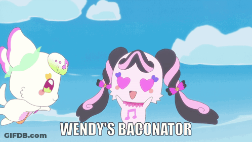 Wendy's Baconator On Blue Background With Cartoon Characters GIF