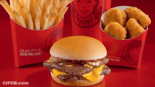 Wendy's Hamburger Fries And Nuggets On Red Table GIF