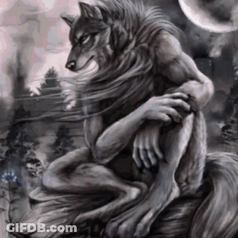Werewolf Sitting On Tree Stump In Forest At Night GIF