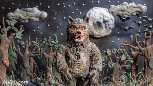 Werewolf Statue In Forest With Full Moon GIF