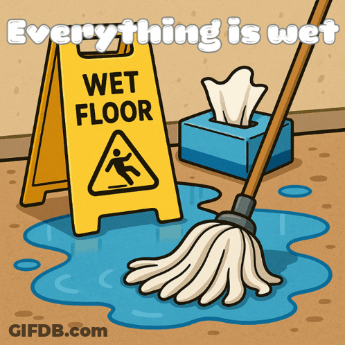 Wet Floor Sign With Mop And Tissues GIF