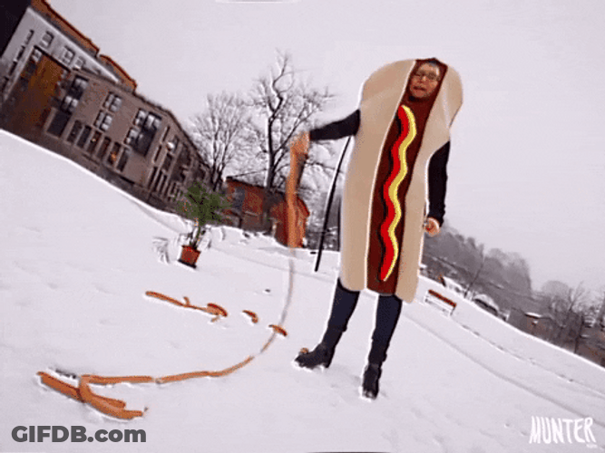 Whip Winter Snow Hotdog Woman Costume GIF