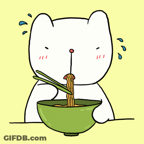 White Animated Cat Munching Noodles GIF