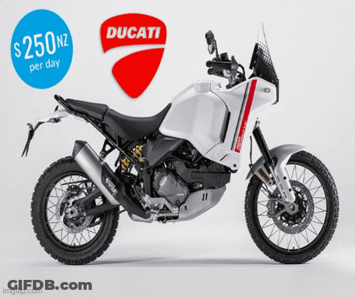 White BMW Motorcycle With Blue Circle Saying $210Nz Per Day GIF