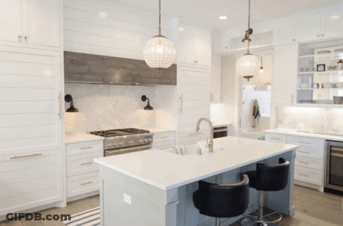 White Cabinets Black Chairs Large Island Kitchen GIF