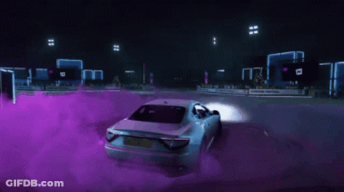 White Car Driving Down Road With Purple Smoke GIF