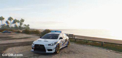 White Car With Blue Light On Dirt Road GIF