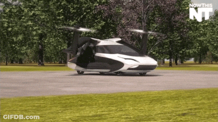 White Car With Rotor Blades Flying GIF