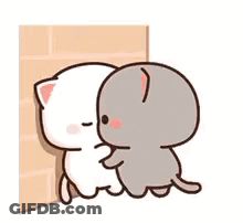 White Cat And Gray Cat Hugging On Brick Wall GIF
