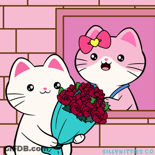 White Cat And Pink Cat Holding Red Roses GIF