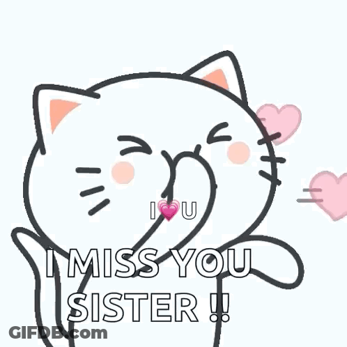White Cat Blowing Pink Hearts Says I Miss You Sister GIF