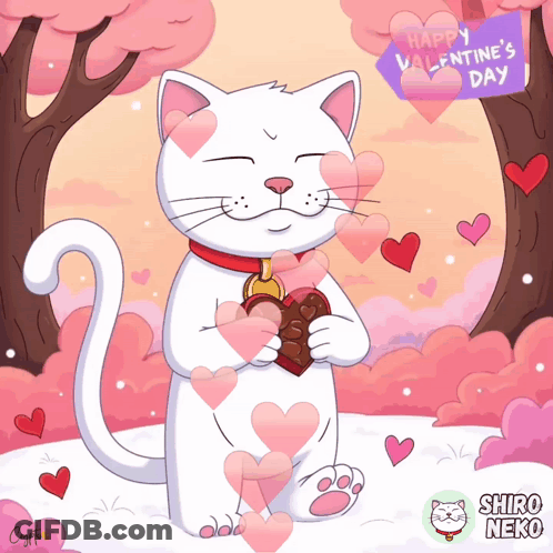 White Cat Holding Chocolate Heart Says Happy Valentine's Day GIF