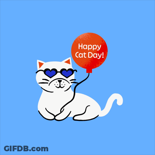 White Cat Holding Happy Cat Day Balloon GIF