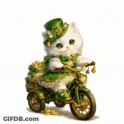 White Cat In Green Hat Riding Green Bicycle GIF