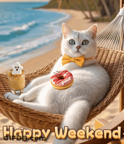 White Cat Laying In Hammock With Donut Happy Weekend GIF