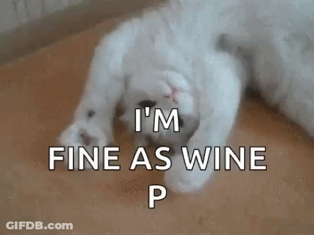 White Cat Laying On Floor Saying I'm Fine As Wine GIF